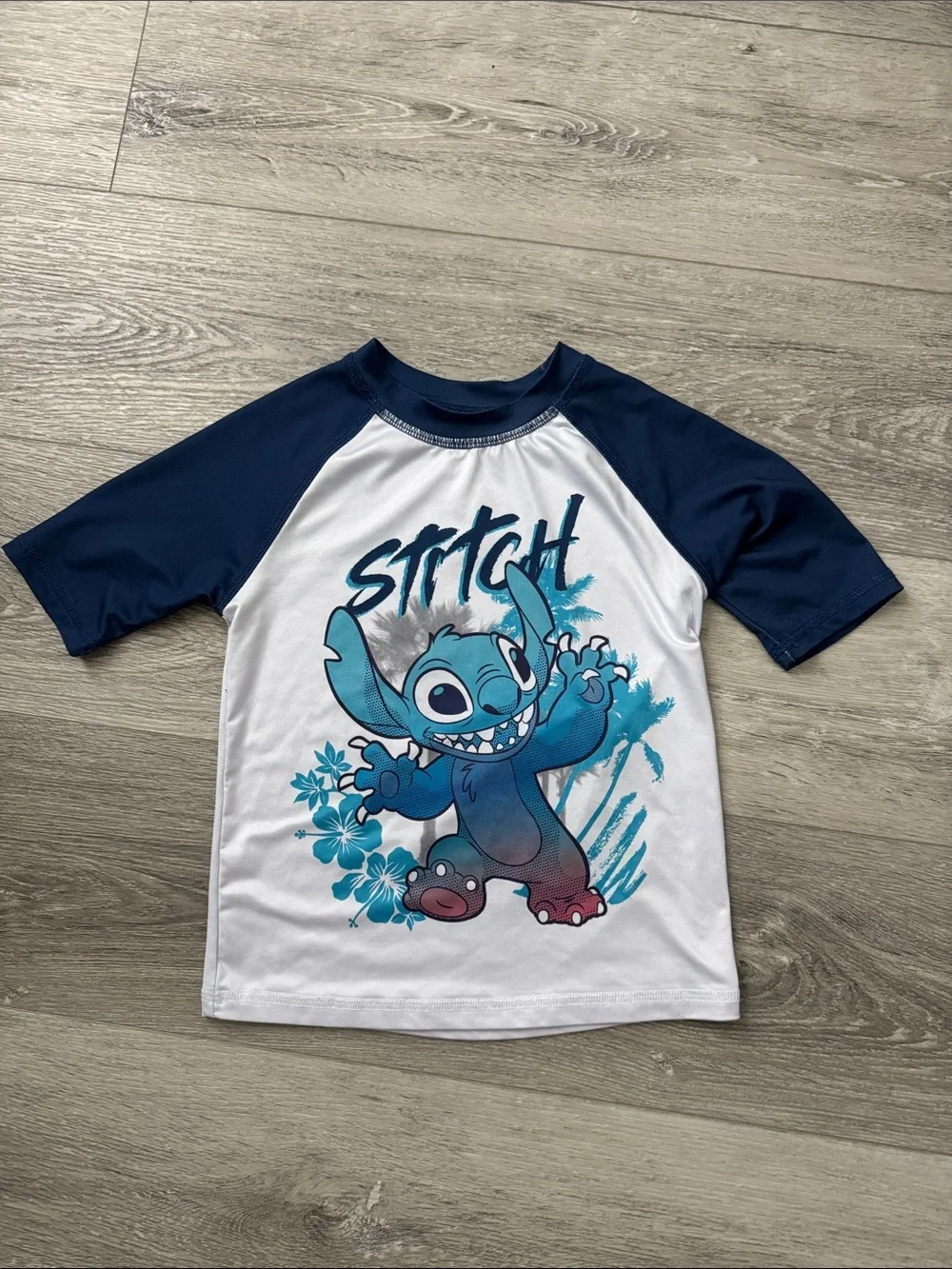 Disney Navy and White Stitch Swim Short Sleeve Rashguard Size 4/5